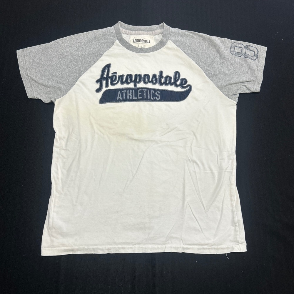 Aeropostale Athletics Mens XL White Grey Raglan T-Shirt Felt Logo Y2K